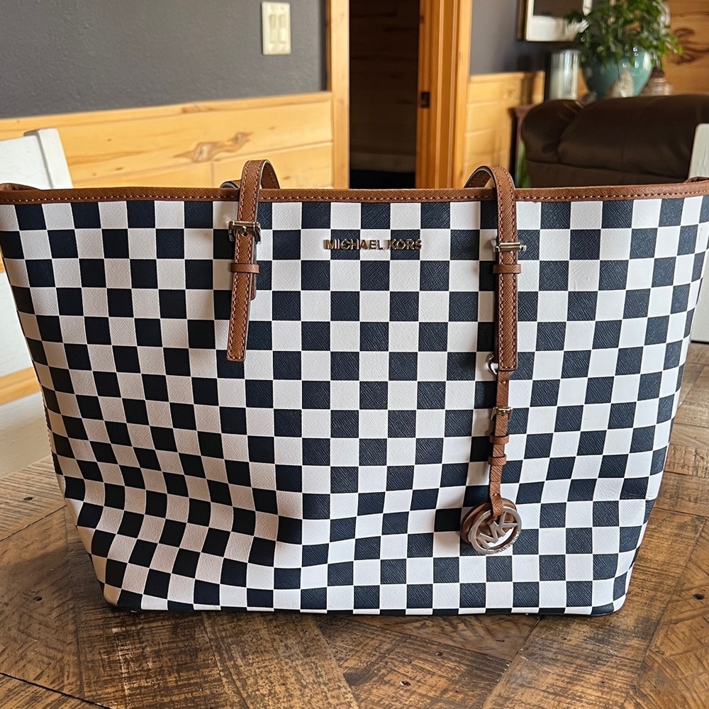 Michael Kors Checkered Tote in Black and White